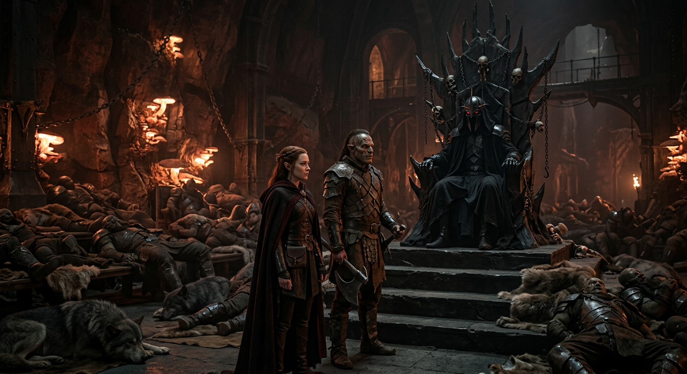 Beren y Lúthien disfrazados ante el trono de Morgoth en Angband