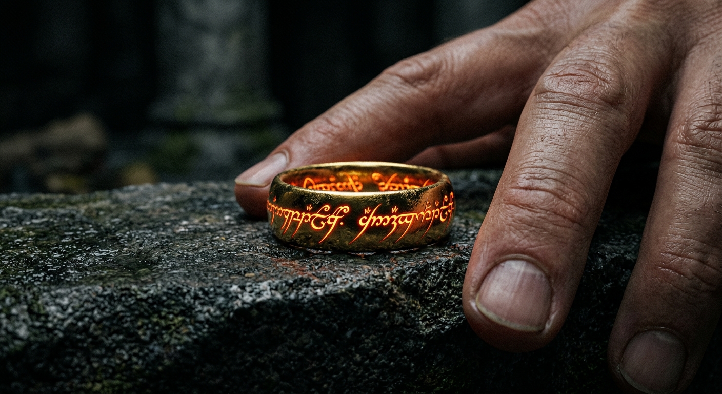 El Anillo Único con la inscripción en el idioma oscuro de Tolkien tal como aparece en el rodaje de El Señor de los Anillos