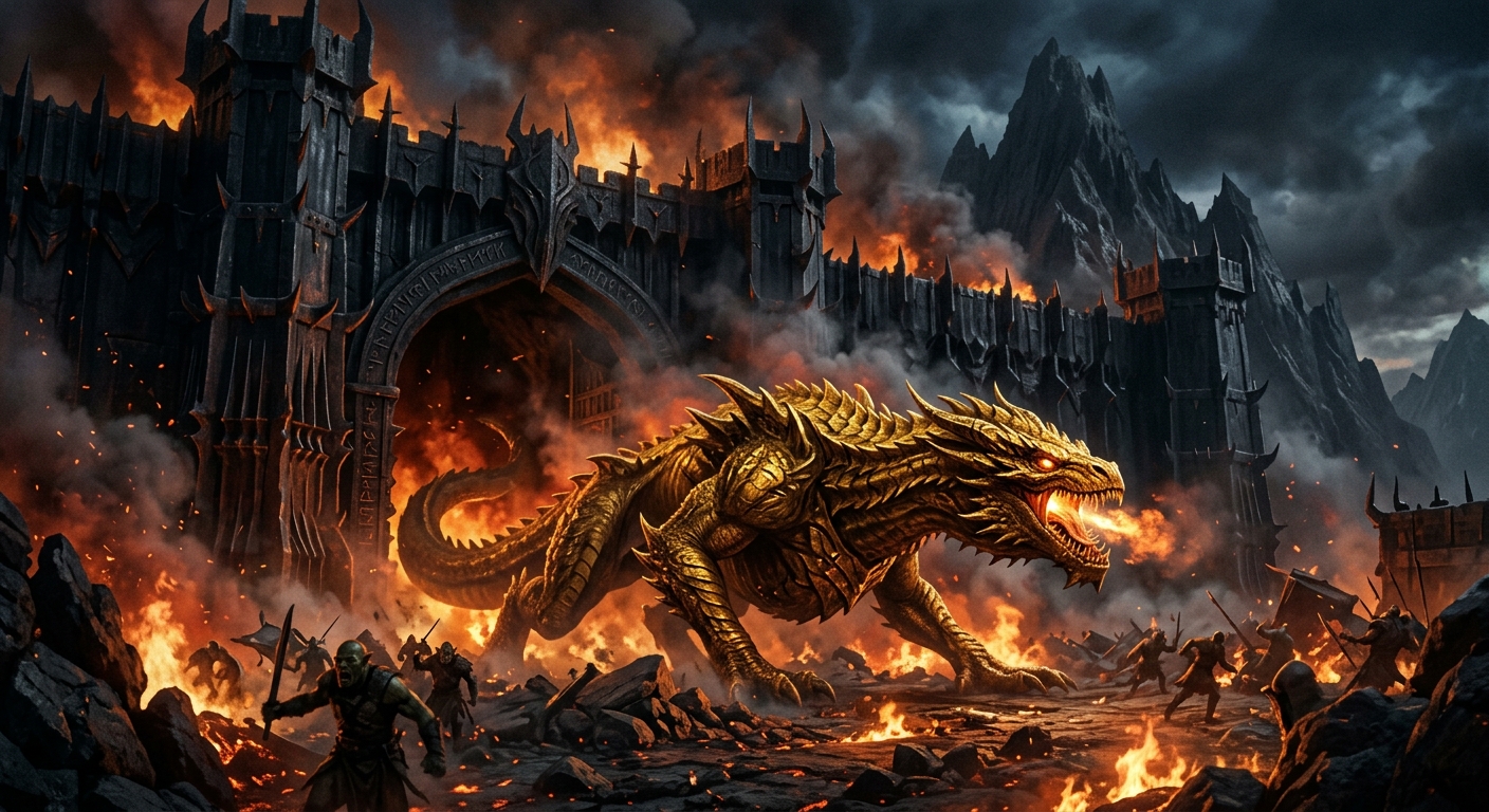 Glaurung el Padre de los Dragones saliendo de las puertas de Angband en la Primera Edad