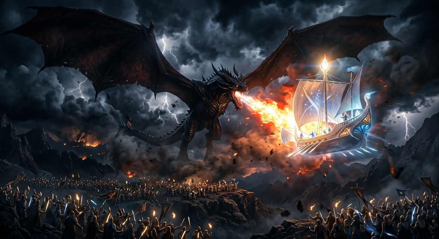 Ancalagon el Negro en combate contra Eärendil durante la Guerra de la Cólera al final de la Primera Edad