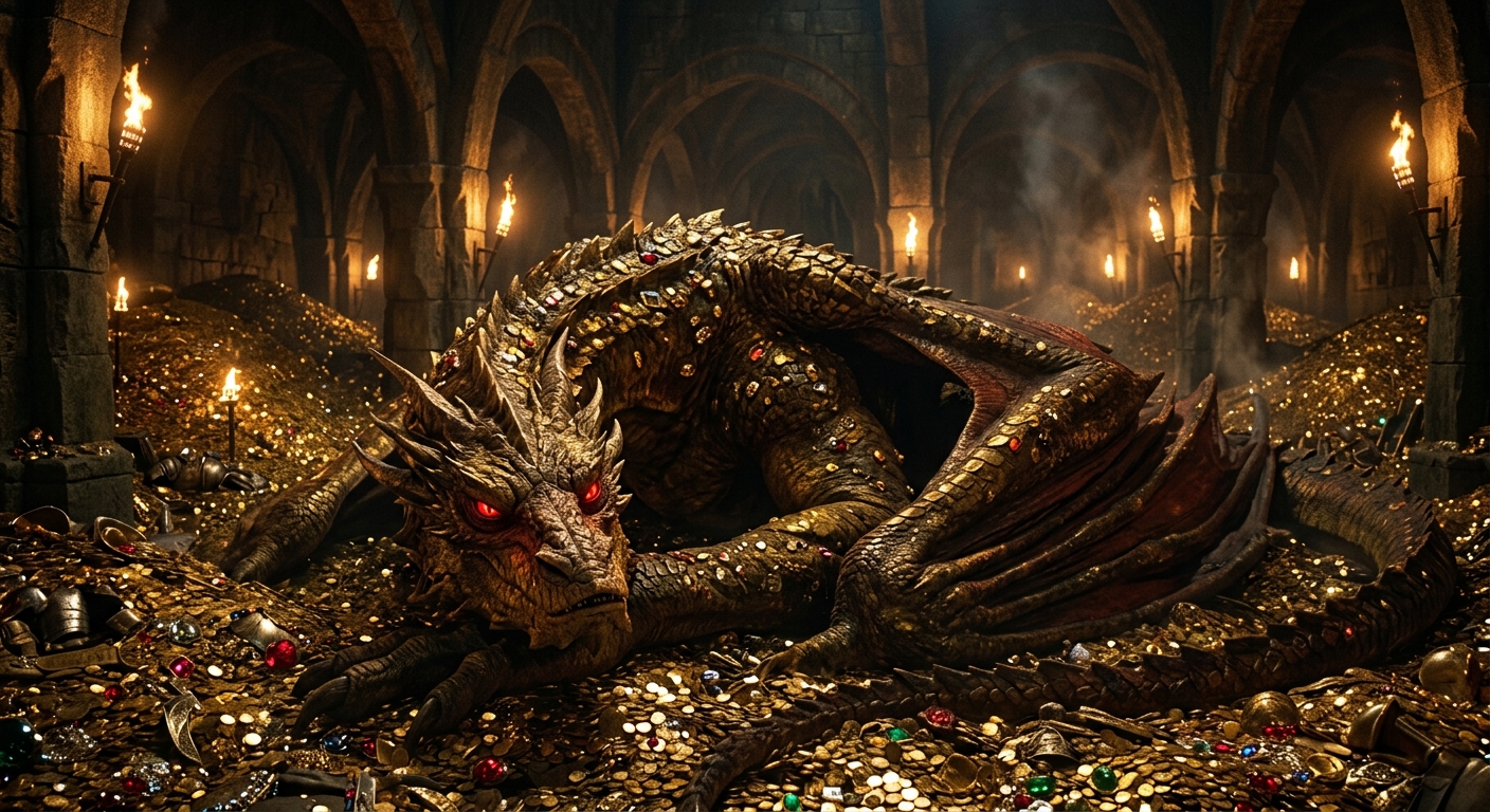 Smaug el Dorado descansando sobre el tesoro de Erebor en las profundidades de la Montaña Solitaria
