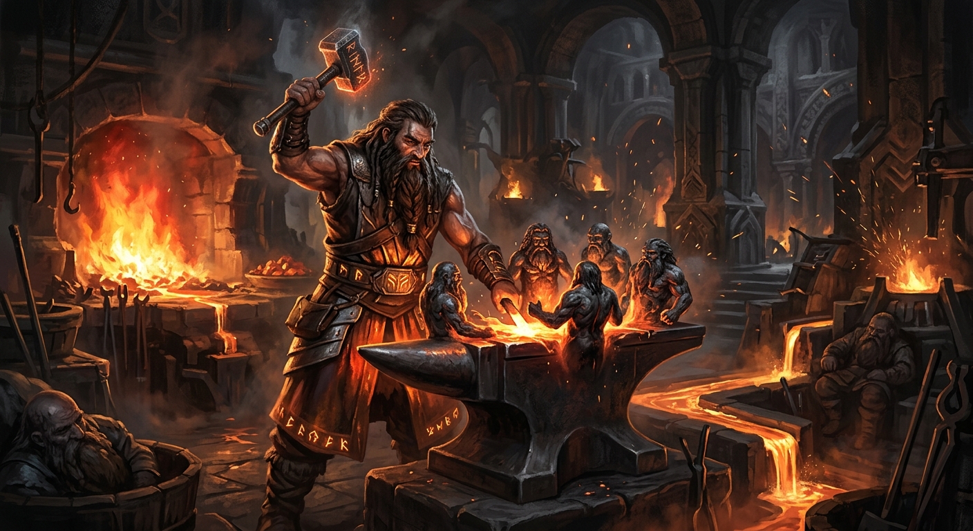 Aulë el herrero Vala creando a los Enanos en su fragua, uno de los actos más audaces de la mitología tolkieniana
