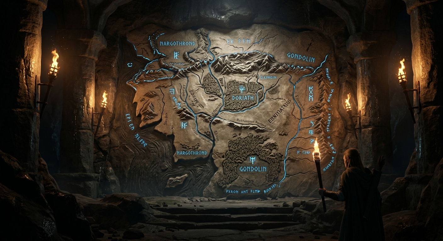 Mapa en relieve de piedra de los reinos élficos de Beleriand durante la Primera Edad