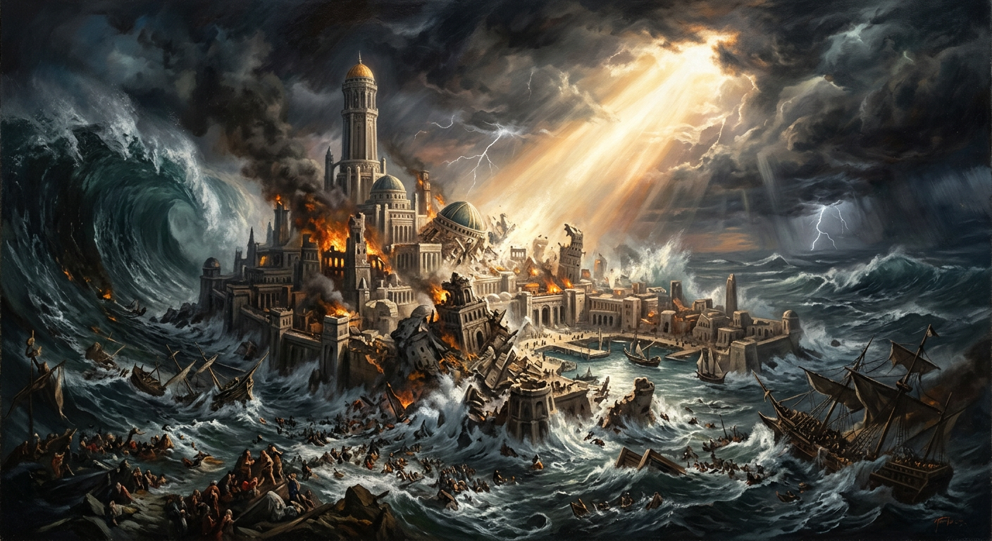 La isla de Númenor hundiéndose en el océano durante el cataclismo enviado por Ilúvatar