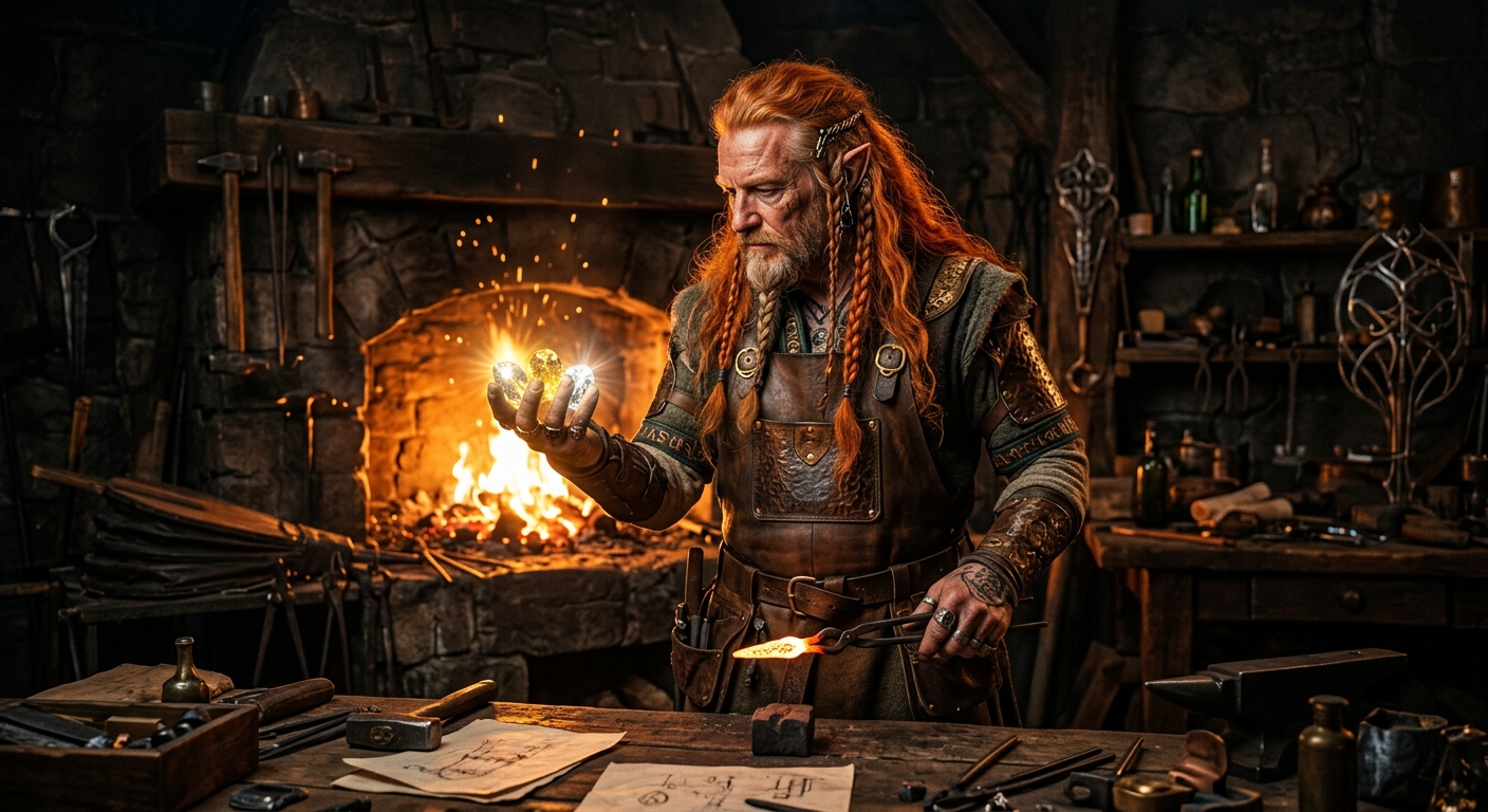 Fëanor forjando los Silmarils en su taller de Valinor