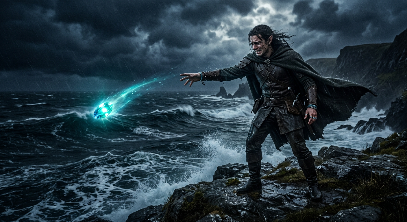 Maglor arrojando el último Silmaril al mar tras la Guerra de la Cólera