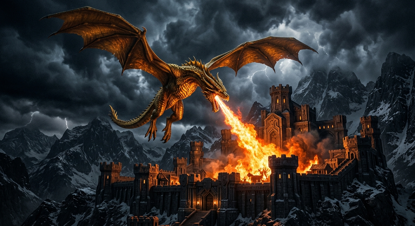 Smaug atacando Erebor la Montaña Solitaria en la conquista del año 2770 de la Tercera Edad
