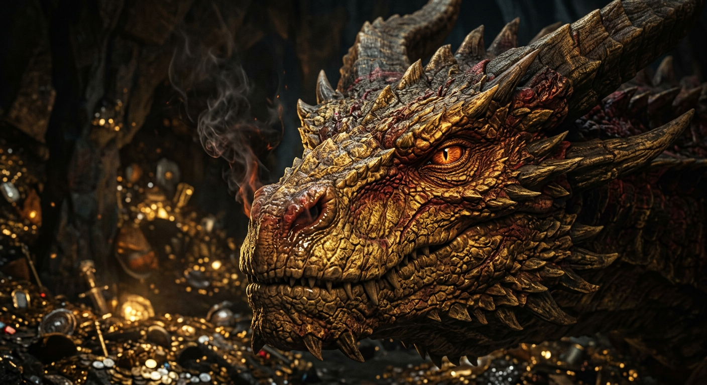 Retrato de Smaug mostrando su inteligencia y su mirada hipnótica en las profundidades de Erebor