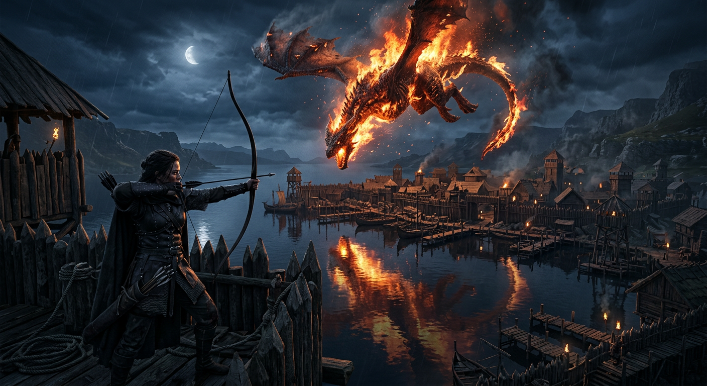 Bardo el Arquero disparando la flecha negra a Smaug sobre Esgaroth el Lago Largo