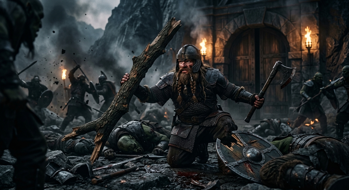 Thorin en la Batalla de Azanulbizar tomando una rama de roble como escudo improvisado