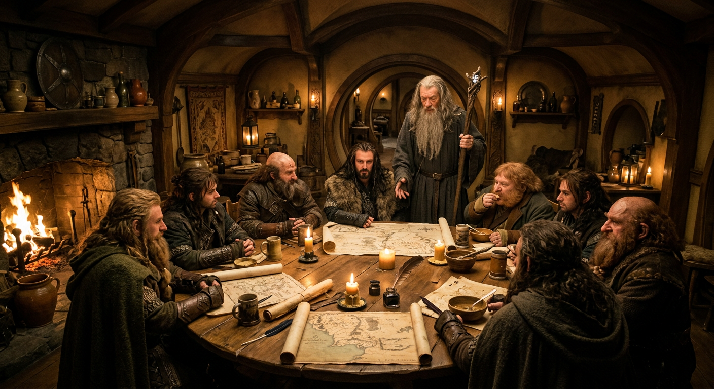 La Compañía de Thorin reunida en Bolsón Cerrado con Gandalf el Gris