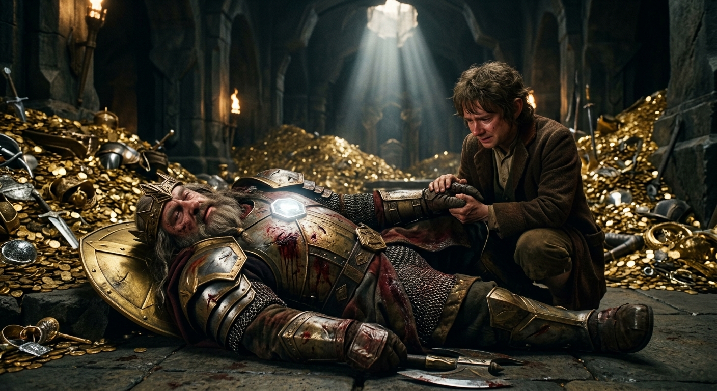Thorin Escudo de Roble en su lecho de muerte junto a Bilbo Bolsón en Erebor